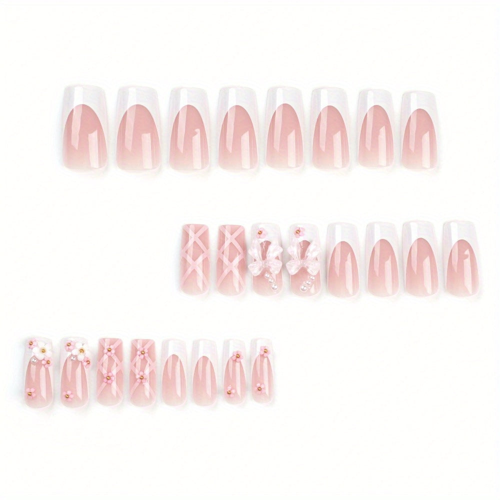 24pcss Press-On Nails, Elegant Pink French Style, Bow and Floral Designs, Coffin Shape, Perfect Fit and Lightweight, 4pcs Nail Tool Set, Ideal for Weddings and Parties, Makes You Irresistibly Charming!